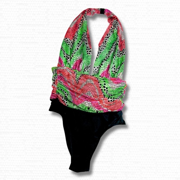 Vintage Oscar de la Renta Snakeskin Halter One-Piece Swimsuit Neon & Black, S/M - Picture 9 of 9